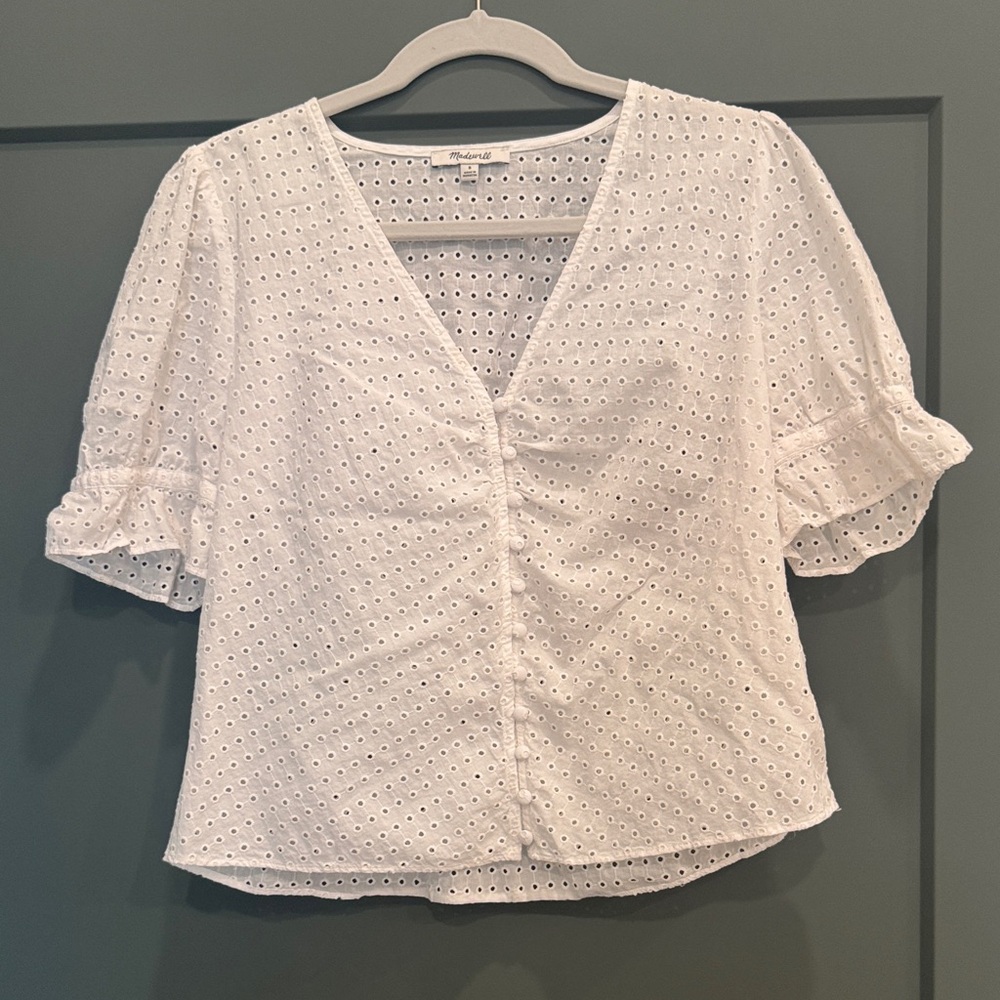 Madewell White Eyelet V-Neck Blouse